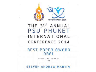 Dr Steven A Martin - Prince of Songkla University - Phuket - Best Paper Award 2014