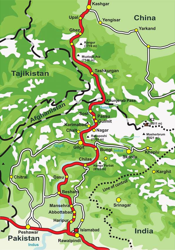 Karakoram Highway Map | Kashgar, Xinjiang, China to Islamabad, Pakistan | Steven Martin Journey to the West