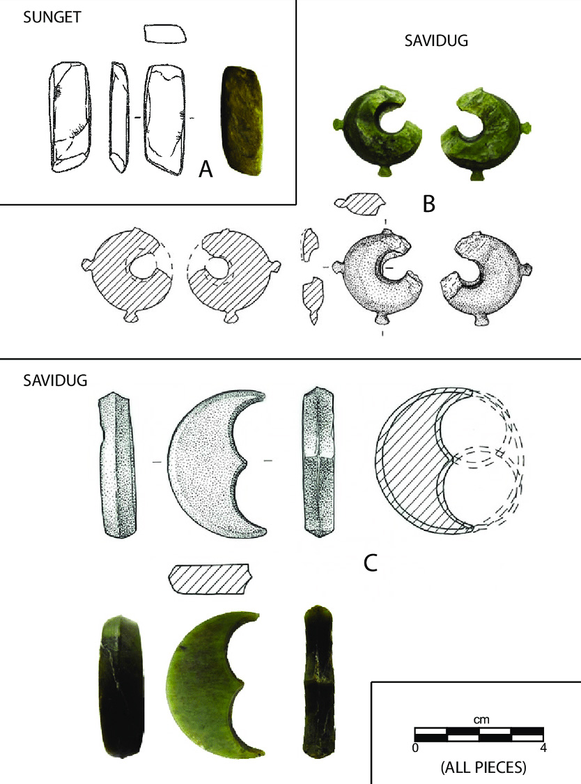 (A) Nephrite adze from Sunget. (B and C) Three-pointed lingling-o and pelta-shaped nephrite segment from Savidug. SOURCE: Dr. Hsiao-Chun Hung
