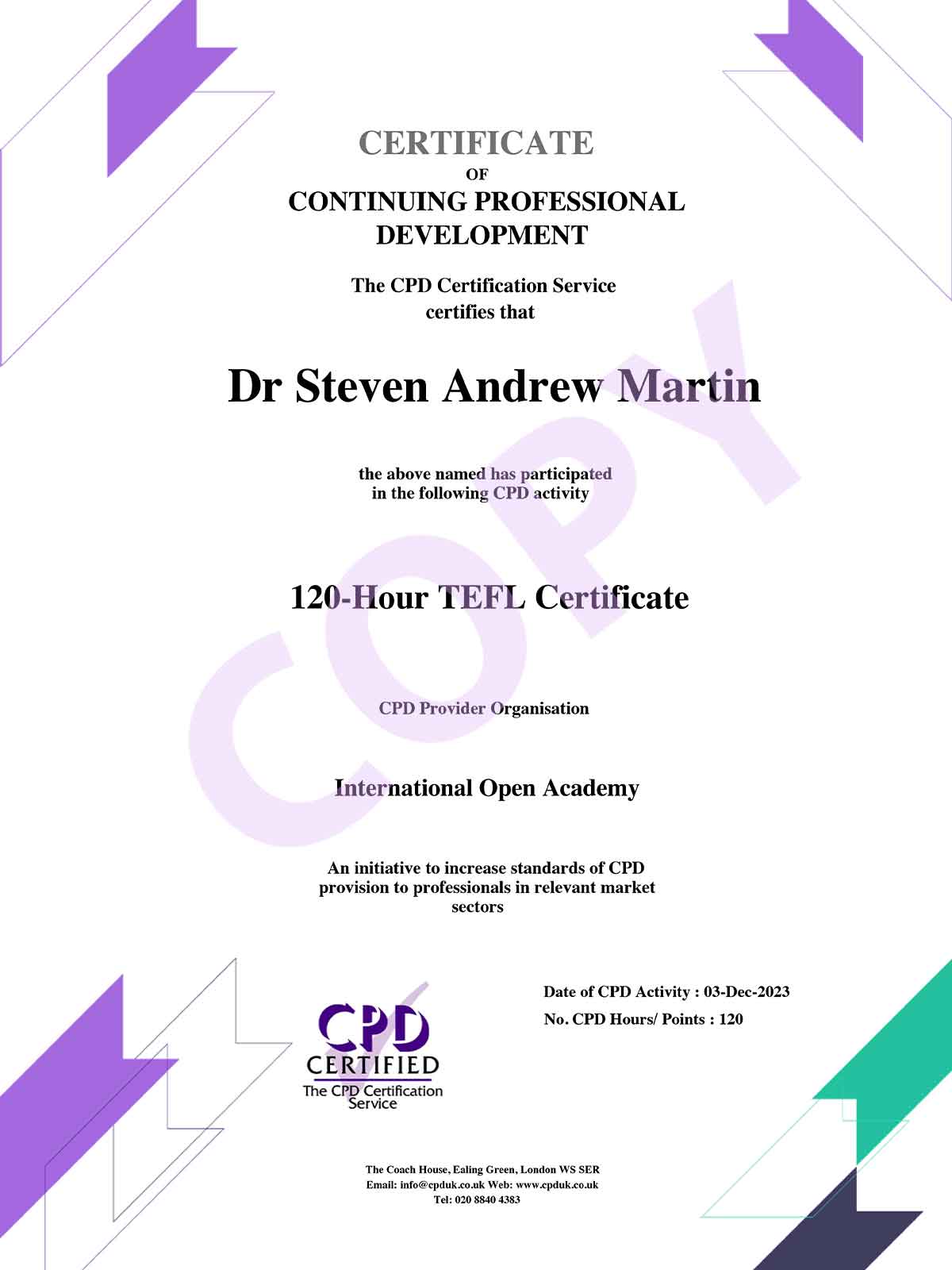 TEFL 120 Hour Certificate | Continuing Professional Development (CPD) | Dr Steven Andrew Martin | Teaching English as a Foreign Language