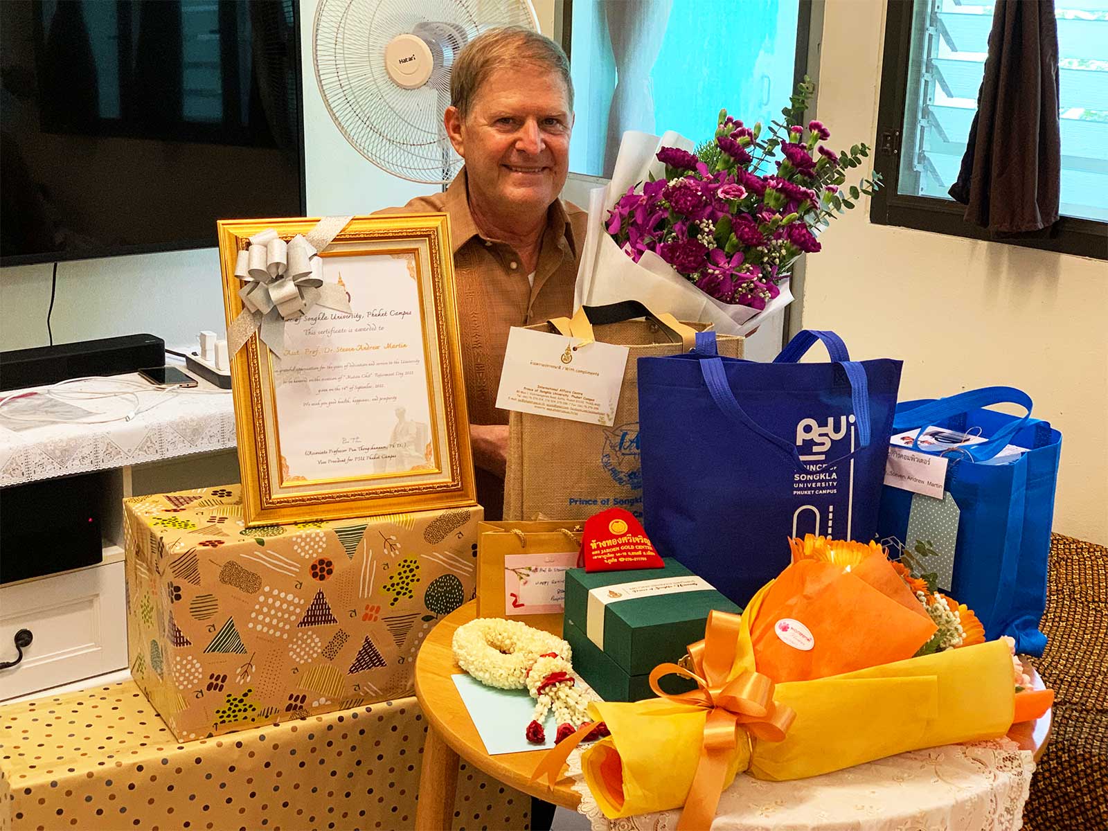 Surf Doctor Steven A Martin with Awards and Gifts | Retires with Certificate of Honors | Prince of Songkla University 2022 Retirement Ceremony | Phuket Thailand