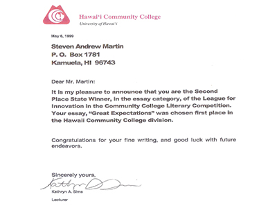 Steven Andrew Martin | First Place Winner | Hawaii Community College Literary Competition 1999