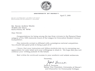 Steven Andrew Martin | University of Hawaii League for Innovation Personal Essay Contest Winner 1999 | State of Hawaii