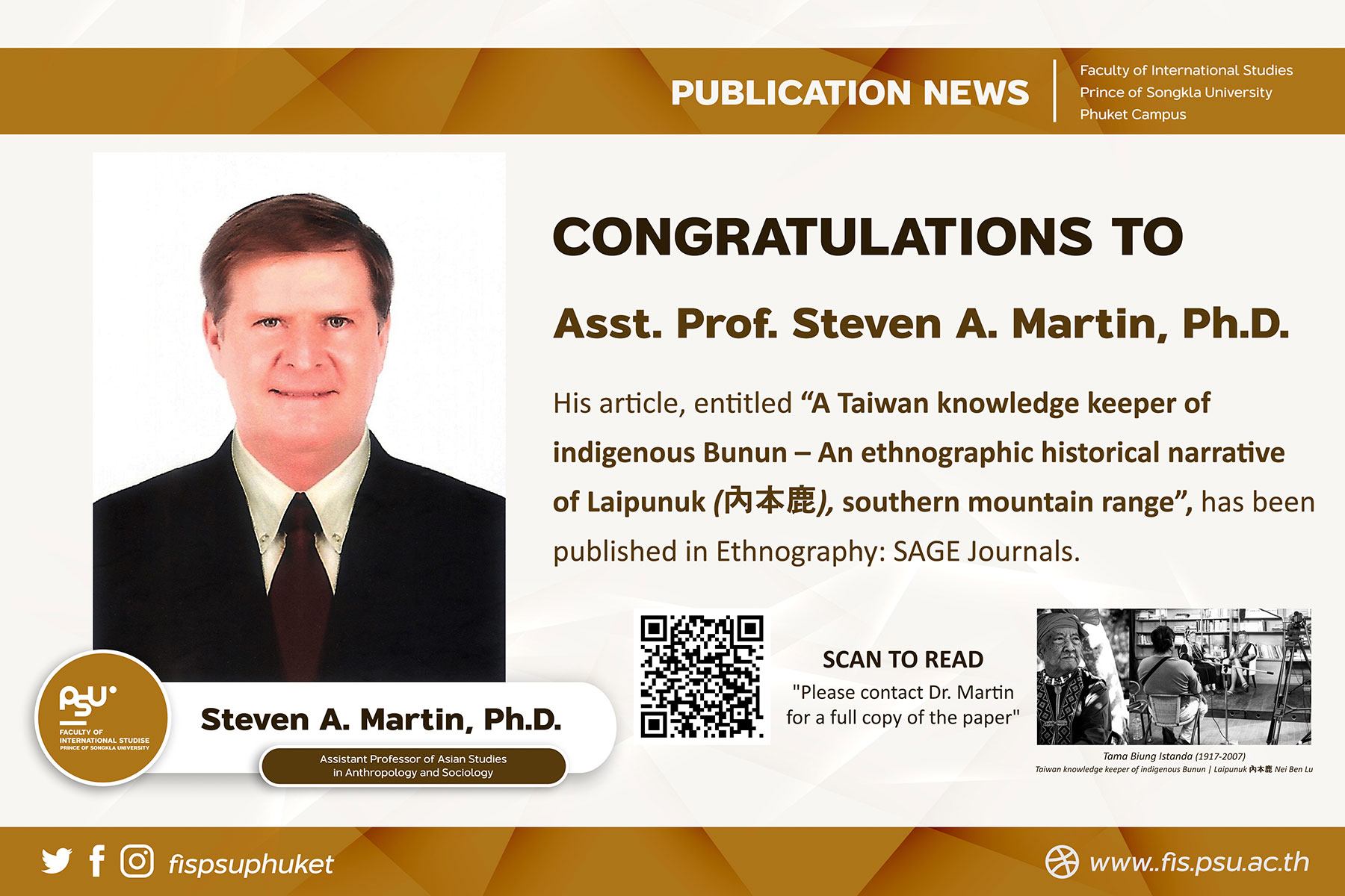 University News | Martin, S. A. (2020). A Taiwan knowledge keeper of indigenous Bunun – An ethnographic historical narrative of Laipunuk (內本鹿), southern mountain range. Ethnography