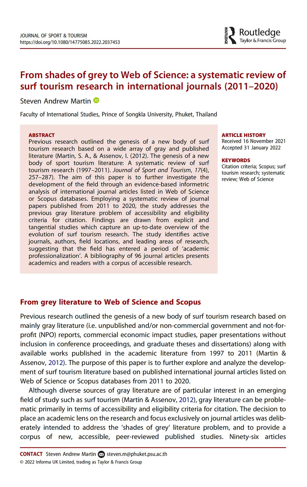 Dr Steven A Martin (2022) Journal of Sport & Tourism | from shades of grey to Web of Science A systematic review of surf tourism research in international journals