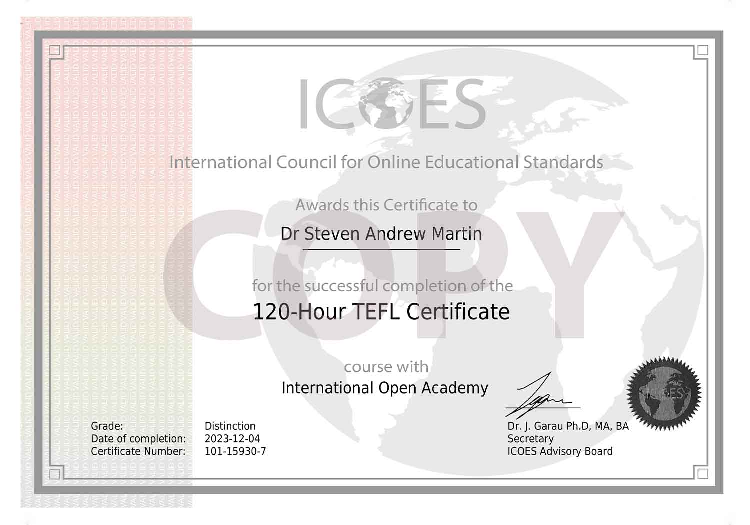 TEFL 120 Hour Certificate | International Council for Online Educational Standards | ICOES | Dr Steven Andrew Martin | Teaching English as a Foreign Language
